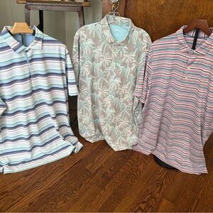 (3) Johnnie-O Polo Shirts with Multicolor Stripes and Palm Trees & Parrots